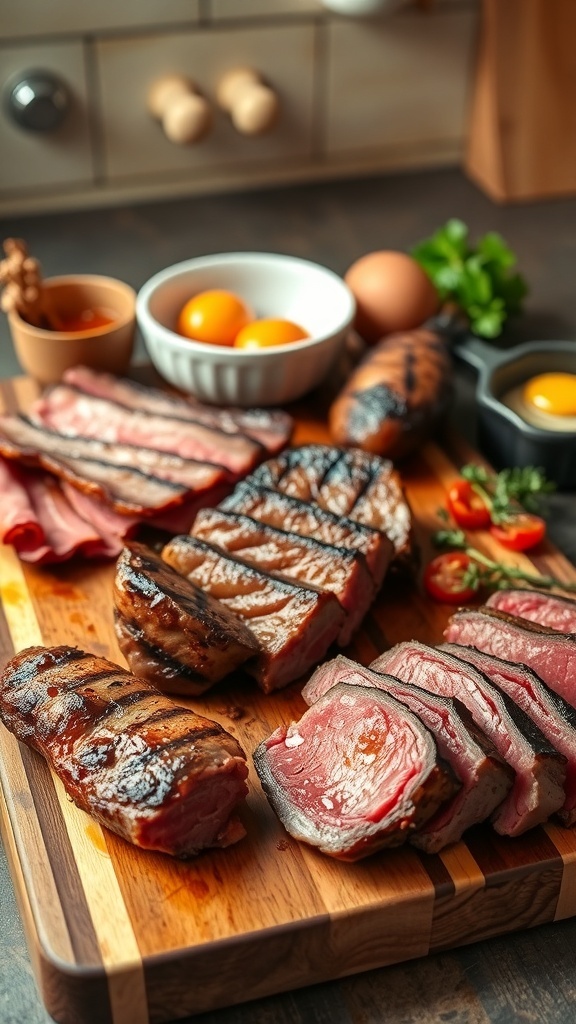 A selection of cooked meats and eggs on a cutting board in a rustic kitchen.